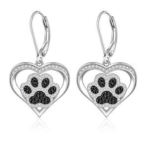 White Gold Dog Paw Dangle Earrings | Sterling Silver Diamond Heart | 14k 925